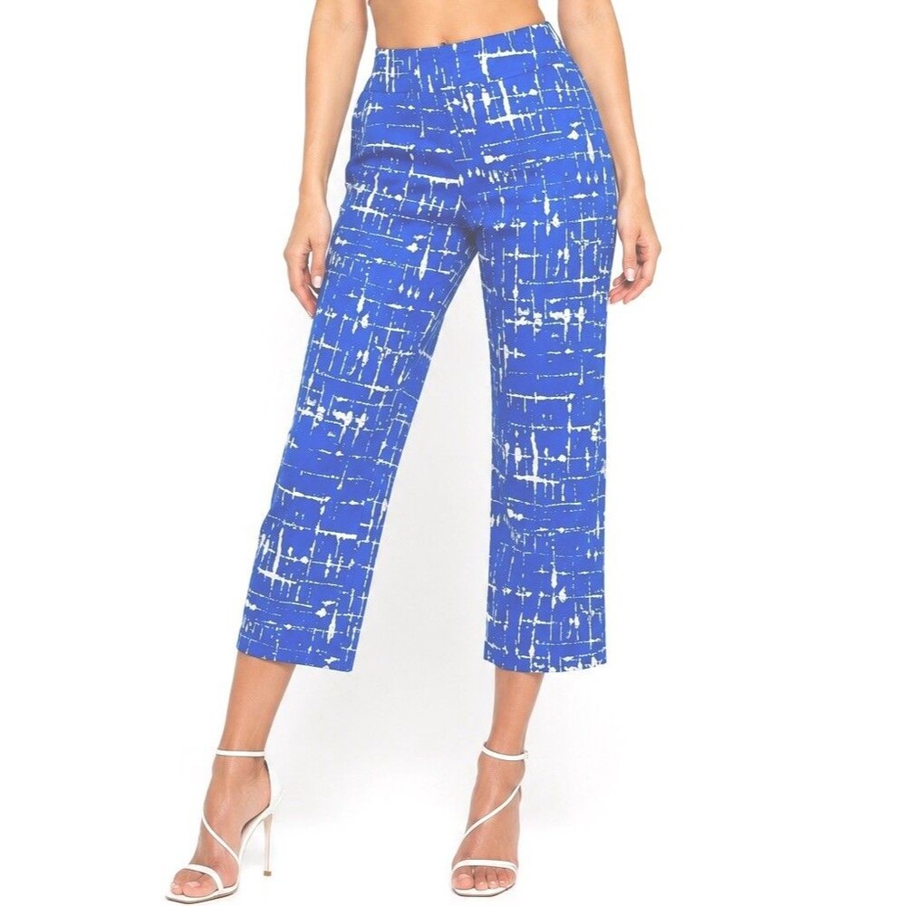 Krazy Larry Pull On Ankle Pants 10 Blue Geometric Tummy Control Crop Stretch
